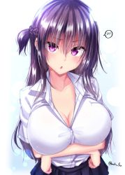 Rule 34 | &gt;:o, 1girl, black skirt, blue background, blush, braid, breasts, cleavage, collarbone, collared shirt, crossed arms, gradient background, large breasts, lens flare, long hair, looking at viewer, mokufuu, one side up, original, pleated skirt, purple eyes, purple hair, shirt, short sleeves, skirt, solo, speech bubble, spoken blush, twitter username, v-shaped eyebrows, white background, white shirt