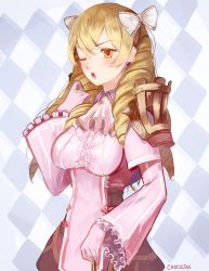 Rule 34 | 1girl, ascot, blonde hair, blush, bow, breasts, center frills, chocojax, commentary, drill hair, earrings, english commentary, fire emblem, fire emblem awakening, frills, gloves, hair bow, hair ornament, highres, jewelry, lace, long hair, maribelle (fire emblem), nintendo, one eye closed, open mouth, solo, yellow eyes