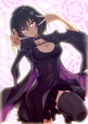 Rule 34 | 1girl, black dress, black hair, blush, boots, breasts, buckle, buttons, chiyu mahou no machigatta tsukaikata, cleavage, closed mouth, collar, double-breasted, dress, flesh fang, frills, hair ornament, hairclip, highres, jacket, leg up, looking at viewer, magic circle, medium breasts, minidress, miniskirt, nea (chiyu mahou), outstretched arm, red eyes, short hair, skirt, smile, solo, thigh boots, thighhighs, v-shaped eyebrows, v over eye, wide sleeves, yuto (dialique), zettai ryouiki