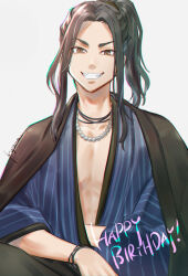 Rule 34 | 1boy, baji keisuke, black hair, black jacket, blue kimono, brown eyes, cowboy shot, cst, grin, happy birthday, highres, jacket, jacket on shoulders, japanese clothes, jewelry, kimono, long hair, looking at viewer, male focus, necklace, pearl necklace, ponytail, simple background, smile, solo, standing, teeth, tokyo revengers, v-shaped eyebrows, white background