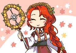 Rule 34 | 1girl, artist name, bad id, bad twitter id, bead necklace, beads, braid, closed mouth, closed eyes, fire emblem, fire emblem: path of radiance, fire emblem heroes, head wreath, holding, holding staff, jewelry, long hair, long sleeves, necklace, nintendo, red hair, sksk7r, smile, solo, staff, titania (fire emblem), upper body, wide sleeves
