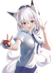 Rule 34 | 1girl, ahoge, animal ear fluff, animal ears, black headwear, blue necktie, blue shirt, blue shorts, blush, braid, breasts, commentary request, earrings, fox ears, fox girl, green eyes, hair between eyes, highres, holding, holding poke ball, hololive, index finger raised, jewelry, long hair, looking at viewer, necktie, open mouth, poke ball, shirai yu, shirakami fubuki, shirt, short sleeves, shorts, sidelocks, simple background, single braid, small breasts, solo, virtual youtuber, white background, white hair
