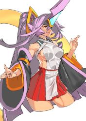 Rule 34 | 1girl, bare shoulders, blazblue, blazblue: central fiction, breasts, closed mouth, commentary request, cropped legs, detached sleeves, hades izanami, headgear, horns, impossible clothes, long hair, long sleeves, looking afar, medium breasts, mikado (blazblue), pleated skirt, ponytail, purple hair, red eyes, red skirt, sideboob, simple background, single horn, skirt, smile, solo, standing, tabard, unizama, very long hair, white background, wide sleeves