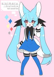 Rule 34 | :3, :d, animal ears, animal nose, bat ears, blue dress, blue footwear, blush, body fur, character name, claws, color guide, commentary, dress, english commentary, english text, eyelashes, fictional persona, fox, fox girl, fox tail, full body, furry, furry female, hair between eyes, highres, knees together feet apart, kunreishiki, long hair, looking at viewer, mixed-language commentary, open mouth, original, pink background, red eyes, romaji text, sbi arki, simple background, sisimaru (sbi arki), smile, standing, tail, twintails, white fur