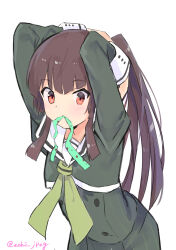 1girl absurdres arms_up blunt_bangs blush brown_hair commentary_request cowboy_shot dress green_dress green_neckerchief green_ribbon hair_tie_in_mouth heijou_institute_school_uniform highres hime_cut hitoiki juujou_hiyori long_hair long_sleeves looking_at_viewer mouth_hold neckerchief ponytail red_eyes ribbon sailor_collar school_uniform serafuku simple_background sleeve_cuffs solo toji_no_miko twitter_username tying_hair white_background white_sailor_collar winter_uniform