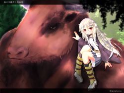Rule 34 | argent vampire, blush, boots, cloak, creature, dappled sunlight, eyebrows, forest, hand on another&#039;s head, highres, inaba meto, long hair, looking at viewer, nature, oswald (tensei kyuuketsuki), outdoors, red eyes, silver hair, sitting on shoulder, sunlight, tensei kyuuketsuki san wa ohirune ga shitai, thighhighs, tree shade, zettai ryouiki