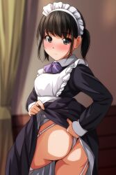 Rule 34 | 1girl, absurdres, apron, ass, black dress, black hair, blurry, blurry background, blush, brown eyes, closed mouth, clothes lift, collared dress, curtains, dress, dress lift, embarrassed, garter straps, highres, indoors, long sleeves, looking at viewer, maid, maid apron, maid headdress, matsunaga kouyou, original, panties, short twintails, solo, standing, thighhighs, twintails, twisted torso, underwear, white panties, white thighhighs