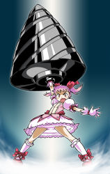 Rule 34 | 1girl, :o, bad id, bad pixiv id, drill, frilled kneehighs, frilled socks, frills, full body, giga drill break, gloves, hair ornament, hair ribbon, kaname madoka, kneehighs, looking at viewer, magical girl, mahou shoujo madoka magica, mahou shoujo madoka magica (anime), open mouth, parody, pink hair, red eyes, red footwear, red ribbon, ribbon, rohitsuka, shoes, short hair, socks, solo, tengen toppa gurren lagann, twintails, white gloves, white socks