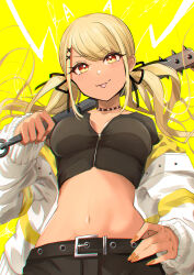 Rule 34 | 1girl, :p, absurdres, belt, black belt, black pants, black ribbon, blonde hair, breasts, club, club (weapon), collar, dark-skinned female, dark skin, fake horns, fang, foreshortening, gyaru, hair ornament, hair ribbon, hand on own hip, highres, horns, jacket, kaminari qpi, kanabou, kiiro (cocoa080), lightning, long hair, long sleeves, looking at viewer, low twintails, medium breasts, navel, off shoulder, open clothes, open jacket, orange eyes, orange nails, pants, ribbon, skin fang, smile, solo, spiked club, spiked collar, spikes, stomach, swept bangs, tongue, tongue out, twintails, virtual youtuber, vspo!, weapon, white jacket, x hair ornament, yellow background, yellow eyes, zipper, zipper pull tab