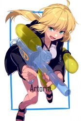 Rule 34 | 1girl, ahoge, artoria pendragon (fate), artoria pendragon (swimsuit archer) (fate), artoria pendragon (swimsuit archer) (second ascension) (fate), bikini, black jacket, blonde hair, breasts, echo (circa), fate/grand order, fate (series), green eyes, jacket, long hair, long sleeves, looking at viewer, low ponytail, medium breasts, open clothes, open jacket, open mouth, ponytail, sidelocks, swimsuit, water gun, white bikini