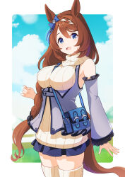 Rule 34 | 1girl, animal ears, arm at side, bag, bare shoulders, between breasts, blue eyes, blue jacket, blue skirt, blush, bow, braid, braided ponytail, breasts, brown hair, cloud, commentary request, cowboy shot, detached sleeves, ear bow, framed breasts, highres, horse ears, horse girl, horse tail, jacket, large breasts, long hair, miniskirt, open mouth, shiromaru illust, shoulder bag, skirt, sleeveless, sleeveless jacket, sleeveless sweater, smile, solo, strap between breasts, super creek (umamusume), sweater, tail, thighhighs, turtleneck, turtleneck sweater, umamusume, white sweater