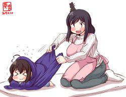 Rule 34 | &gt; &lt;, 2girls, :3, ahoge, alternate costume, apron, artist logo, black hair, blanket, blush, brown hair, closed eyes, commentary request, dated, futon, hair ornament, highres, kanon (kurogane knights), kantai collection, long sleeves, multiple girls, open mouth, pants, pink apron, pulling, red eyes, ribbed sweater, seiza, shigure (kancolle), short hair, signature, simple background, sitting, smile, socks, sweater, turtleneck, turtleneck sweater, under covers, white background, white legwear, white sweater, x3, yamashiro (kancolle)