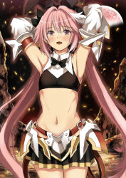 Rule 34 | 1boy, animal ears, armpits, arms up, astolfo (fate), astolfo (saber) (fate), bad id, bad pixiv id, black neckwear, detached sleeves, fang, fate/grand order, fate (series), garimpeiro, hair between eyes, highres, long hair, male focus, midriff, multicolored hair, navel, open mouth, pink eyes, pink hair, pleated skirt, rabbit ears, skirt, solo, thighhighs, trap, twintails, two-tone hair, very long hair