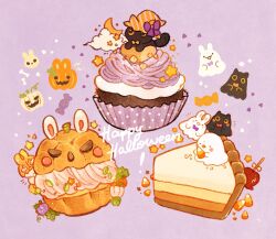 Rule 34 | !, animal-themed food, black cat, bone, bow, bowtie, candy, candy apple, candy corn, caramel, cat, cloud, commentary, cream puff, crescent moon, cupcake, ear covers, english commentary, english text, food, food focus, ghost, halloween, happy halloween, hat, hat bow, highres, holding, holding food, icing, jack-o&#039;-lantern, kitten, moon, nao (bestrollever), no humans, on food, orange hat, original, pie, pie slice, polka dot, pumpkin hat, purple background, purple bow, rabbit, simple background, star (symbol), striped clothes, striped headwear, triangle, witch hat, yellow bow, yellow bowtie