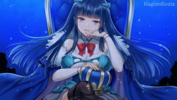 Rule 34 | 1girl, artist name, bare shoulders, blue hair, bow, breasts, brown thighhighs, commission, covered collarbone, crown, unworn crown, detached sleeves, feet out of frame, hagino kouta, head tilt, king (vocaloid), large breasts, long sleeves, looking at viewer, original, parted lips, purple eyes, red bow, shirt, sitting, skeb commission, sleeveless, sleeveless shirt, smile, solo, thighhighs, throne, vocaloid, white shirt, white sleeves