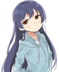 Rule 34 | 1girl, bad id, bad pixiv id, blue hair, blush, closed mouth, commentary request, hair between eyes, long hair, long sleeves, looking at viewer, love live!, love live! school idol project, simple background, solo, sonoda umi, standing, totoki86, white background