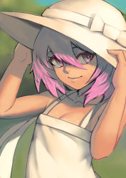 Rule 34 | 1girl, bare arms, bare shoulders, bow, breasts, cleavage, closed mouth, commentary, dress, english commentary, green background, hair between eyes, hands up, hat, hat bow, original, outdoors, pink eyes, pink hair, short hair, sleeveless, sleeveless dress, small breasts, smile, solo, sun hat, sundress, upper body, white bow, white dress, white hat, zakusi