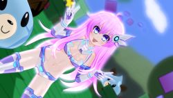 Rule 34 | 1girl, 3d, armor, belly, bikini armor, blue eyes, blush, breasts, detached wings, double v, elbow gloves, facing viewer, female focus, flower, gloves, grass, gs-mantis, hair ornament, happy, highres, licking, long hair, looking at viewer, midriff, navel, nepgear, neptune (series), open mouth, own hands together, pink hair, power symbol, purple sister, shadow, slime (creature), smile, solo, standing, stomach, symbol-shaped pupils, teeth, thighs, tongue, tongue out, tree, upper teeth only, v, wings