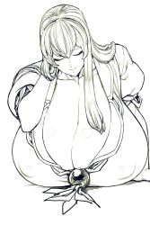 Rule 34 | 1girl, breast rest, breasts, cleavage, collarbone, covered erect nipples, closed eyes, gigantic breasts, hair between eyes, hand in own hair, highres, kamishirasawa keine, long hair, mature female, monochrome, neckerchief, puffy short sleeves, puffy sleeves, short sleeves, smile, spacezin, touhou
