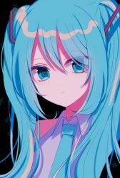 Rule 34 | 1girl, bad id, bad pixiv id, bare shoulders, black background, blue eyes, blue hair, blue necktie, closed mouth, collared shirt, commentary, grey shirt, hair between eyes, hair ornament, hatsune miku, head tilt, highres, long hair, necktie, portrait, poyo (shwjdddms249), shirt, sidelocks, simple background, sleeveless, sleeveless shirt, solo, twintails, upper body, vocaloid