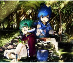 Rule 34 | 2boys, blue cape, blue eyes, blue hair, bucket, bucket of water, cape, closed eyes, earrings, fish, fishing line, fishing rod, headband, jewelry, multiple boys, nature, open mouth, purple cape, puzzle &amp; dragons, river, rock, smile, soran2000, tree, umisachi &amp; yamasachi (p&amp;d)