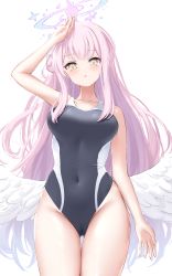 Rule 34 | 1girl, :o, absurdres, angel wings, arm on own head, bare arms, black one-piece swimsuit, blue archive, blush, breasts, cameltoe, collarbone, competition swimsuit, covered navel, halo, hand on own head, highres, large breasts, long hair, looking at viewer, mika (blue archive), ncontrail (mgax7527), one-piece swimsuit, pink hair, school swimsuit, sidelocks, solo, swimsuit, thighs, two-tone swimsuit, white background, wings, yellow eyes
