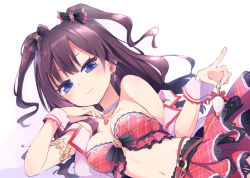 Rule 34 | 1girl, ahoge, bare shoulders, blue eyes, blush, bow, breasts, brown hair, cleavage, closed mouth, collarbone, earrings, hair bow, homura subaru, ichinose shiki, idolmaster, idolmaster cinderella girls, jewelry, lips, long hair, looking at viewer, medium breasts, midriff, navel, necklace, red bow, red skirt, simple background, skirt, smile, solo, two side up, wavy hair, white background, wrist cuffs