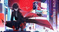 Rule 34 | 1boy, 2020, amamiya ren, black coat, black hair, black pants, closed mouth, coat, full body, gloves, hair between eyes, highres, looking at viewer, male focus, mask, night, outdoors, pants, persona, persona 5, red eyes, red gloves, short hair, signature, solo, squatting, tandong