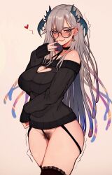 Rule 34 | 1girl, bare shoulders, black choker, blue eyes, blush, bottomless, breasts, choker, cleavage, collarbone, female pubic hair, garter belt, glasses, grey hair, hair between eyes, head wings, highres, indie virtual youtuber, lace, lace choker, large breasts, long hair, long sleeves, mole, mole under mouth, off-shoulder sweater, off shoulder, pochimaru (vtuber), pubic hair, red nails, simple background, smile, solo, sweater, thighhighs, variant set, varniskarnis, virtual youtuber, wings