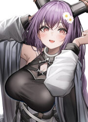 1girl absurdres arknights black_horns blush breasts cleavage_cutout clothing_cutout commentary_request fake_horns fang flower hair_between_eyes hair_flower hair_ornament hands_up highres horns huge_horns jacket large_breasts long_hair looking_at_viewer open_clothes open_jacket open_mouth purple_hair red_eyes simple_background skin_fang smile solo tab_head typhon_(arknights) upper_body very_long_hair white_background white_flower white_jacket