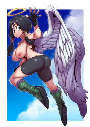 Rule 34 | 1girl, absurdres, angel, angel wings, ass, black gloves, black hair, black shorts, blue eyes, blue sky, boots, border, breasts, closed mouth, collarbone, day, dragon ball, dragonball z, feathers, fingerless gloves, flying, from behind, full body, gloves, green footwear, halo, highres, kneepits, large breasts, looking back, low twintails, nipples, shorts, sky, smile, solo, topless, tukiwani, twintails, videl, white border, white wings, wings