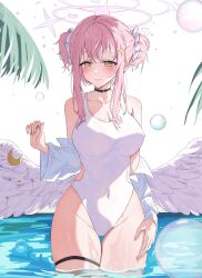 Rule 34 | 1girl, angel wings, blue archive, halo, highres, long hair, looking at viewer, mika (blue archive), nenight, one-piece swimsuit, pink hair, solo, swimsuit, thighs, white one-piece swimsuit, white swimsuit, white wings, wings, yellow eyes