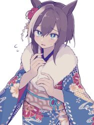 Rule 34 | 1girl, animal ears, blue eyes, blue kimono, blush, bob cut, bright pupils, brown hair, cheval grand (umamusume), flower, furisode, hair between eyes, hair flower, hair ornament, highres, horse ears, horse girl, inverted bob, japanese clothes, kimono, looking at viewer, multicolored hair, official alternate costume, rjsn, short hair, simple background, solo, streaked hair, umamusume, white background, white hair, wide sleeves