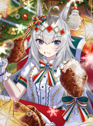 Rule 34 | 1girl, :t, absurdres, ahoge, animal ears, blue eyes, blurry, blurry background, bokeh, bow, candy, candy cane, chair, christmas, christmas ornaments, christmas tree, closed mouth, commentary request, depth of field, dress shirt, ear bow, eating, food, fork, gloves, hair bow, hair ornament, high collar, highres, holding, holding fork, horse ears, horse girl, jacket, long hair, looking at viewer, oguri cap (miraculous white star) (umamusume), oguri cap (umamusume), shidare (youh4016), shirt, short sleeves, silver hair, sitting, small stellated dodecahedron, snowflakes, solo, star (symbol), table, turkey (food), umamusume, white gloves, white jacket, white shirt