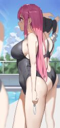 Rule 34 | 3girls, alternate costume, anteiru, ass, black hair, black one-piece swimsuit, blue eyes, blue sky, blurry, blurry background, bocchi the rock!, breasts, commentary request, competition swimsuit, facing to the side, from side, gotoh hitori, gotoh hitori, highres, large breasts, long hair, looking ahead, multiple girls, one-piece swimsuit, outdoors, pink hair, pool, school swimsuit, sky, solo focus, straight hair, strap gap, swimsuit, thighs, very long hair