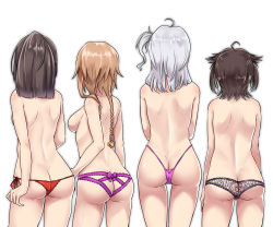 Rule 34 | 4girls, absurdres, ahoge, akizuki (kancolle), ass, back, black hair, black panties, braid, breasts, brown hair, butt crack, commentary request, dimples of venus, facing away, from behind, hair flaps, hair ornament, hatsuzuki (kancolle), highleg, highleg panties, highres, kantai collection, kiritto, lace, lace panties, lineup, long hair, medium breasts, multiple girls, one side up, panties, ponytail, propeller hair ornament, purple panties, red panties, short hair, shoulder blades, side-tie panties, silver hair, simple background, suzutsuki (kancolle), teruzuki (kancolle), thong, topless, twin braids, underwear, white background