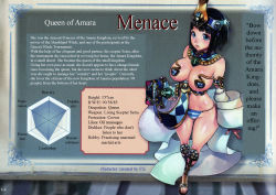 Rule 34 | 10s, bandages, blue eyes, breasts, character profile, character sheet, crown, f.s., hard-translated, highres, jewelry, large breasts, lips, menace (queen&#039;s blade), menace (queen's blade), panties, pasties, queen&#039;s blade, queen&#039;s blade rebellion, queen of amara menace, sandals, setra, short hair, striped clothes, striped panties, third-party edit, translated, underwear