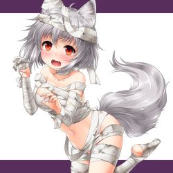 Rule 34 | 1girl, animal ears, bandaged arm, bandaged head, bandaged leg, bandages, bare shoulders, blush, breasts, collarbone, commentary request, fang, inubashiri momiji, kei kei, looking at viewer, medium breasts, naked bandage, open mouth, red eyes, silver hair, solo, tail, touhou, white background, wolf ears, wolf tail