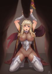 Rule 34 | 1girl, armor, arms up, bad id, bad pixiv id, bdsm, blonde hair, blue eyes, blush, bodysuit, bondage, boots, bound, breasts, breasts out, cape, chain, cleft of venus, erection, female focus, fishnet bodysuit, fishnets, gorget, highres, kneeling, large breasts, long hair, md5 mismatch, nipples, no bra, no panties, no underwear, no underwear (female), open mouth, original, penis, pussy, rebe11, restrained, solo focus, spread legs, uncensored