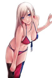 Rule 34 | 1girl, american flag bikini, american flag print, applekun, bare arms, bare shoulders, bent over, bikini, blue eyes, blush, breasts, closed mouth, earrings, fate/grand order, fate (series), flag print, front-tie bikini top, front-tie top, hair down, hand on wall, highres, jewelry, large breasts, leaf, long sleeves, maple leaf, miyamoto musashi (fate), miyamoto musashi (fate/grand order), miyamoto musashi (swimsuit berserker) (fate), miyamoto musashi (swimsuit berserker) (second ascension) (fate), multicolored clothes, multicolored legwear, navel, print bikini, silver hair, simple background, smile, solo, standing, straight hair, swept bangs, swimsuit, thighhighs, thighhighs pull, white background