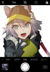 Rule 34 | 1girl, arknights, backpack, bag, baseball cap, black hat, black jacket, blue eyes, click (arknights), commentary request, eyebrows hidden by hair, grey hair, hat, highres, jacket, mirin chikuwa, open mouth, selfie, shirt, simple background, solo, two-tone headwear, viewfinder, white background, yellow hat, yellow shirt