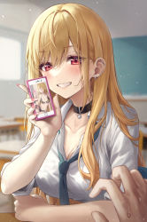 Rule 34 | 1boy, 1girl, aibek, barbell piercing, black choker, blonde hair, blue necktie, blurry, blurry background, breasts, cellphone, chalkboard, choker, classroom, cleavage, collarbone, collared shirt, desk, ear piercing, earrings, fake nails, grin, gyaru, highres, holding, holding phone, industrial piercing, jewelry, kitagawa marin, long hair, looking at viewer, loose necktie, medium breasts, nail polish, necktie, out of frame, phone, fake phone screenshot, piercing, pink nails, pov, pov hands, red eyes, school desk, shirt, smartphone, smile, solo focus, sono bisque doll wa koi wo suru, teeth, upper body, white shirt
