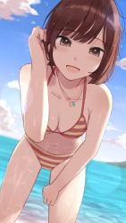 Rule 34 | 1girl, :d, akira tooru, bikini, blue sky, breasts, brown eyes, brown hair, cleavage, cloud, collarbone, commentary request, highres, jewelry, navel, necklace, ocean, open mouth, orange bikini, original, outdoors, short hair, sky, smile, solo, stomach, striped bikini, striped clothes, swimsuit, thighs, water, yellow bikini