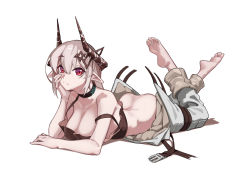 Rule 34 | 1girl, arknights, bare back, barefoot, black bra, black sports bra, bra, breasts, demon girl, demon horns, feet, feet up, horns, looking at viewer, lying, mudrock (arknights), no panties, on stomach, pants, pointy ears, red eyes, redrawn, simple background, soles, sports bra, tank top, the pose, toes, underwear, white background, yonghu 20251