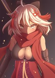 Rule 34 | 1girl, ahoge, arm guards, bare shoulders, black bow, blush, bow, breasts, cleavage, cleavage cutout, clothing cutout, commentary request, dark-skinned female, dark skin, fate/grand order, fate (series), grey background, hair between eyes, hair bow, highres, large breasts, long hair, looking at viewer, okita souji (fate), okita souji (koha-ace), okita souji alter (fate), okita souji alter (first ascension) (fate), red scarf, scarf, solo, tassel, underbust, upper body, white hair, yellow eyes, zeolch2