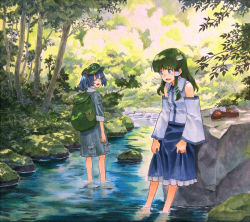 Rule 34 | 2girls, backpack, bag, bare shoulders, barefoot, blue hair, brown footwear, commentary request, detached sleeves, facing another, forest, frog hair ornament, green eyes, green hair, green hat, hair ornament, hat, kawashiro nitori, kochiya sanae, marker (medium), multiple girls, nature, open mouth, rock, shadow, shiratama (hockey), shoes, snake hair ornament, stream, touhou, traditional media, tree, unworn footwear, unworn shoes, wading