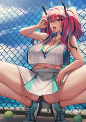 Rule 34 | 1girl, azur lane, bare shoulders, black panties, blue sky, blush, breasts, bremerton (azur lane), bremerton (scorching-hot training) (azur lane), chain-link fence, crop top, crop top overhang, fence, highres, large breasts, long hair, looking at viewer, multicolored hair, navel, open mouth, panties, pink eyes, pink hair, qblade, sky, smile, solo, sportswear, squatting, streaked hair, tennis uniform, thighs, tongue, tongue out, twintails, two-tone shirt, two-tone skirt, underwear