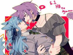 Rule 34 | 2girls, anger vein, animal ears, bang dream!, bang dream! it&#039;s mygo!!!!!, black choker, blue hair, cat ears, cat girl, cat tail, choker, collared shirt, commentary, dated, dip (dance move), eye contact, green necktie, grey jacket, grey shirt, hand on another&#039;s arm, hand on another&#039;s waist, haneoka school uniform, happy birthday, hashtag-only commentary, heart, highres, hug, jacket, kemonomimi mode, long hair, looking at another, multiple girls, necktie, off-shoulder shirt, off shoulder, open mouth, pink eyes, purple hair, red background, school uniform, shirt, short hair, smile, spoken heart, tail, togawa sakiko, two-tone background, white background, white shirt, xmyishipi, yellow eyes, yuri, yuutenji nyamu
