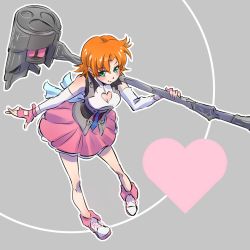 Rule 34 | 1girl, aqua eyes, back bow, blush, bow, breasts, cleavage, cleavage cutout, clothing cutout, fingerless gloves, full body, gloves, green eyes, heart, highres, iesupa, looking at viewer, medium breasts, nora valkyrie, orange hair, rwby, short hair, smile, solo, standing, war hammer, warhammer, weapon