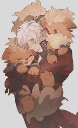 Rule 34 | 1boy, arcanine, bishounen, blue eyes, coat, creatures (company), dante (devil may cry), devil may cry, devil may cry (series), devil may cry 2, ens104, game freak, gen 1 pokemon, gloves, highres, holding, jacket, long hair, male focus, nintendo, pokemon, red coat, solo, white hair